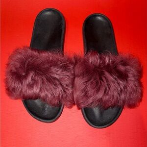 Women's UGG Faux Fur Slide Sandals - Black and Burgundy size 10